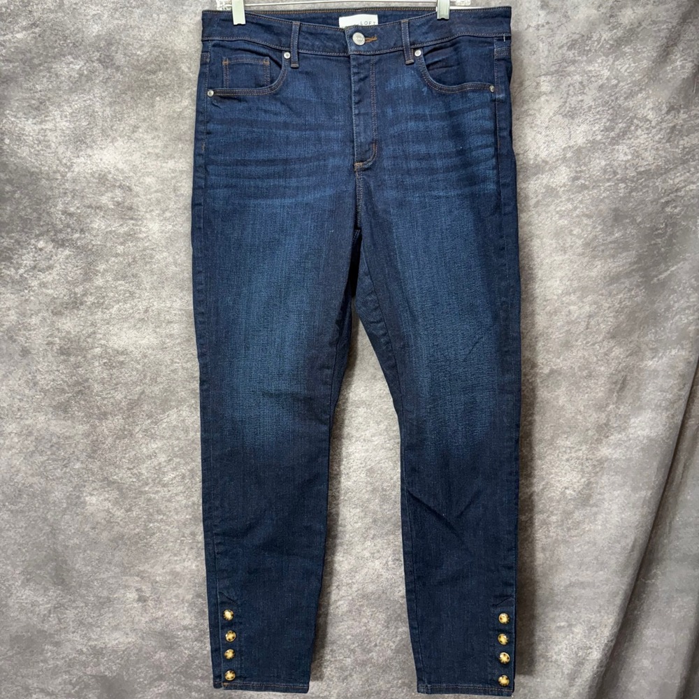 LOFT Curvy Skinny Jeans Womens 31 12 Dark Wash Blue Button Ankle Detail Stretch